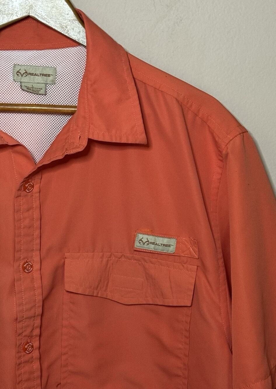 Realtree Button Up Shirt Men L Orange Short Sleeve Salmon Relaxed Breathable